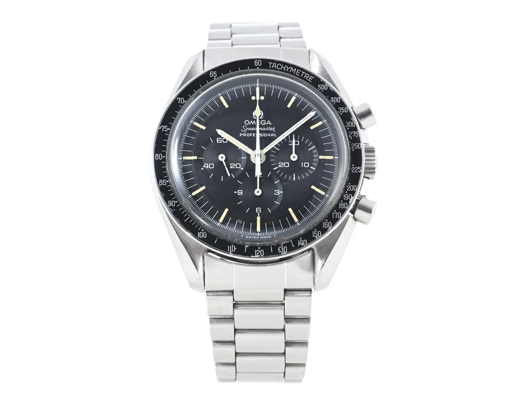OMEGA, Speedmaster, Professional (T Swiss Made T), "Tachymètre", Cal 861, Serie nr. 31317648, Ref nr. ST 145.022, Boett nr. 145022-69 ST (HF), kronograf, herrur, 42 mm, stål, manuell, plexiglas, originallänk (utbytt/senare), viklås, Ref nr. 1171/1/633, ca 1971. — Klockor/Omega — Kaplans