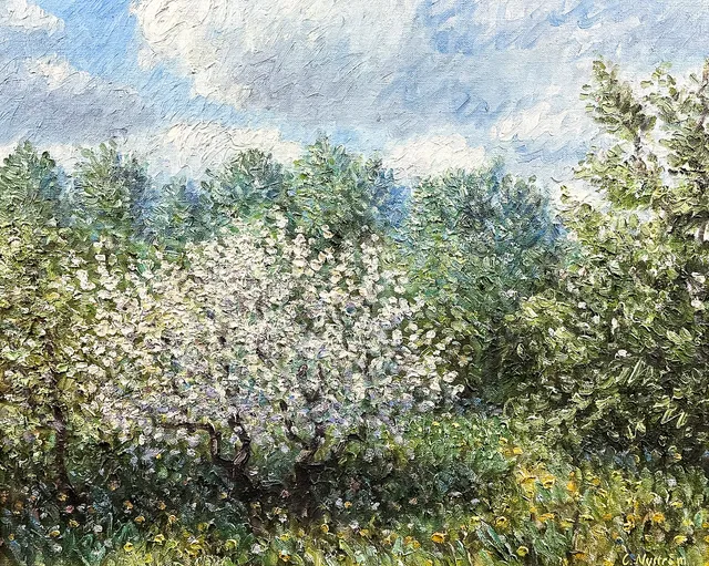 CONNY NYSTRÖM. OLJA PÅ DUK, "Blommande äppelträd", signerad.