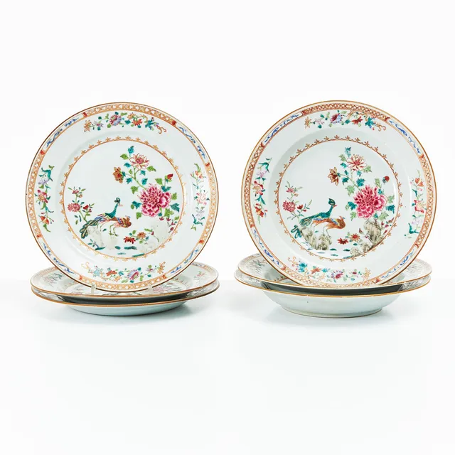 TALLRIKAR, 3+3 st., porslin, Kina, Qianlong (1736-1795), "Double Peacock", famille rose.