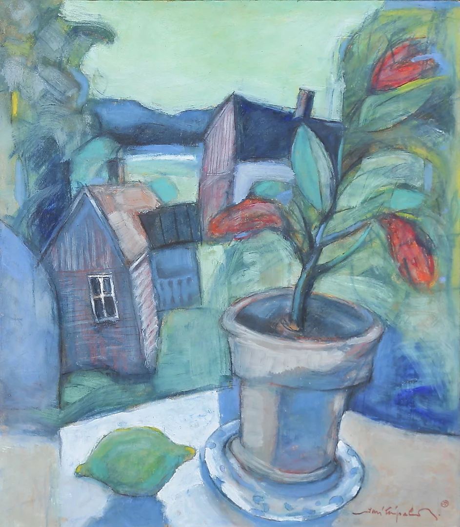 JUSSI TAIPALEENMÄKI. "Citron och blomma". Olja på panå. Signerad. — Paintings — Gomér & Andersson Linköping