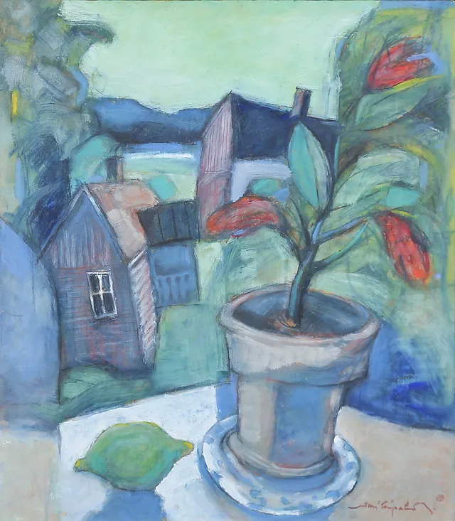 JUSSI TAIPALEENMÄKI. "Citron och blomma". Olja på panå. Signerad.