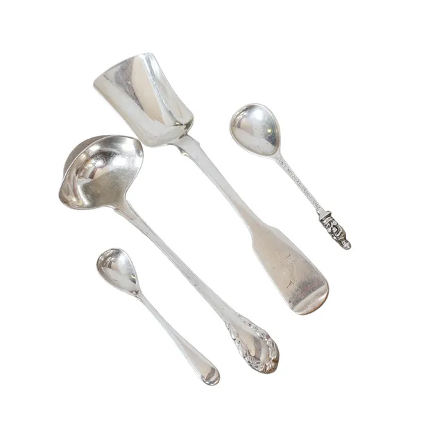 A GEORG JENSEN SILVER SAUCE LADLE, A VICTORIAN IRISH SILVER PRESERVE SPOON, TWO SILVER CONDIMENT SPOONS (4).