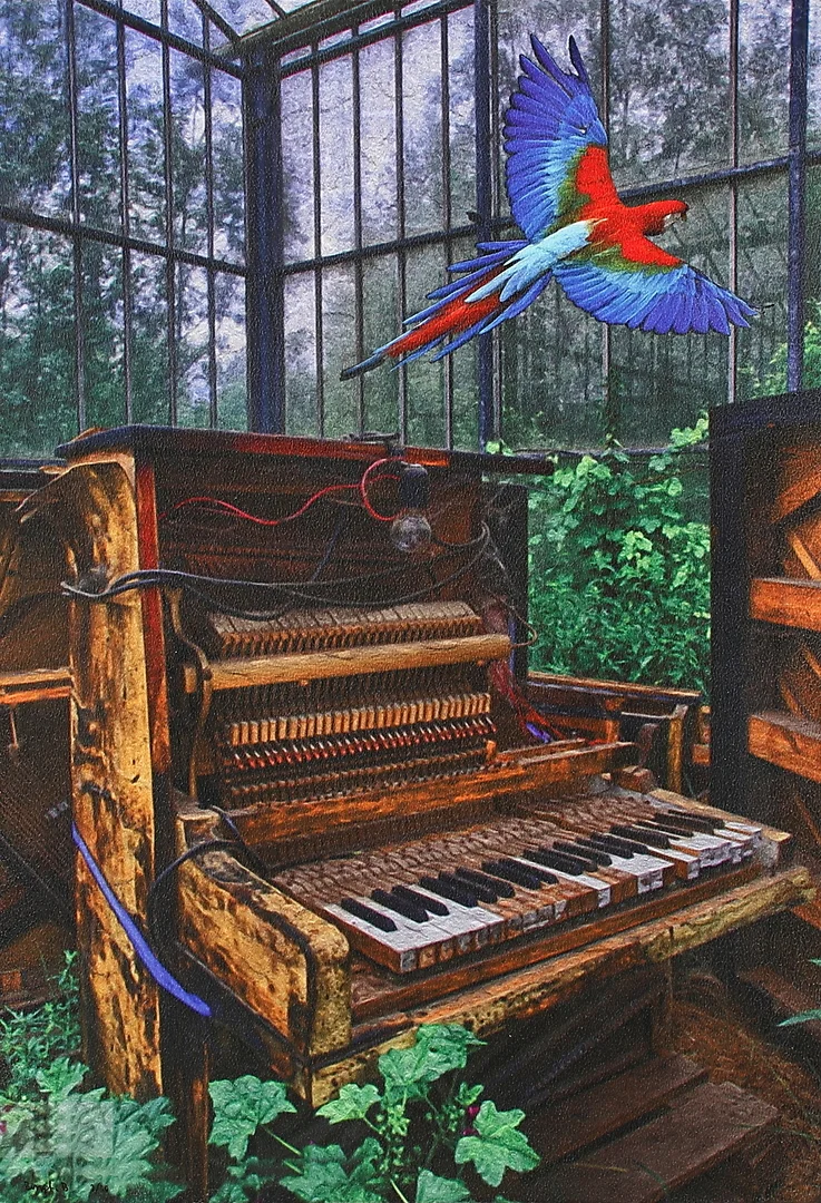 BENGT BENGTSSON. Papegoja vid pinao, blandteknik nr 2/30 signerad Bengt B. — Paintings — Garpenhus Auktioner