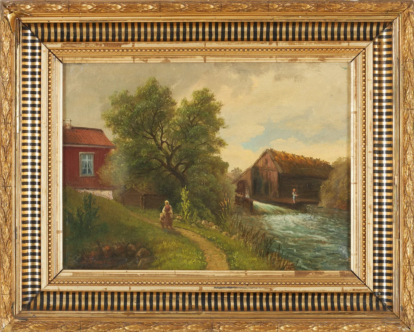 ALBERT BLOMBERGSSON. Motiv med människor vid en vattenkvarn, signerad samt daterad 1871, olja på duk. — Paintings — Stockholms Auktionsverk Sickla