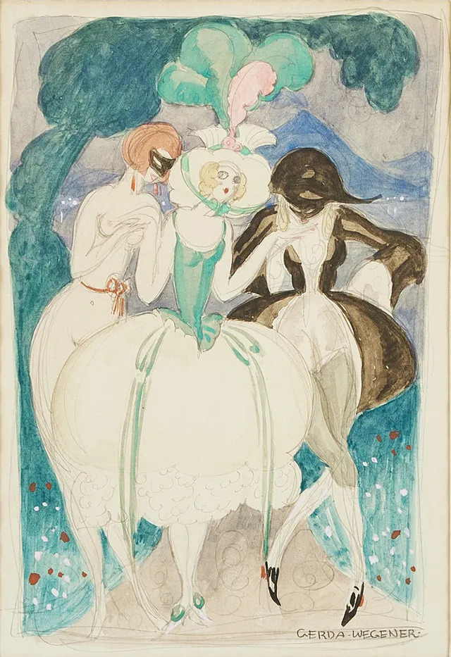 GERDA WEGENER. Commedia dell-arte skådespelare, akvarell, signerad Gerda Wegener.