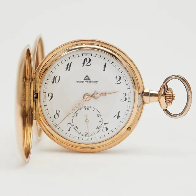 GLASHÜTTE. Savonnette-Taschenuhr, Fullset, 585er Gelbgold, um 1920, Deutschland.