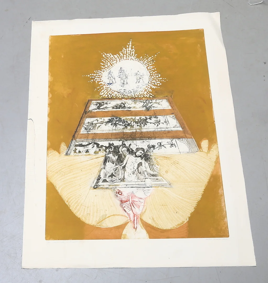 ENDRE NEMES. Färglitografi, "kapplöpningen och återuppståndelsen", signerad, numrerad 4/7 och daterad 1968. — Engravings & Prints — Auktionshuset Kolonn