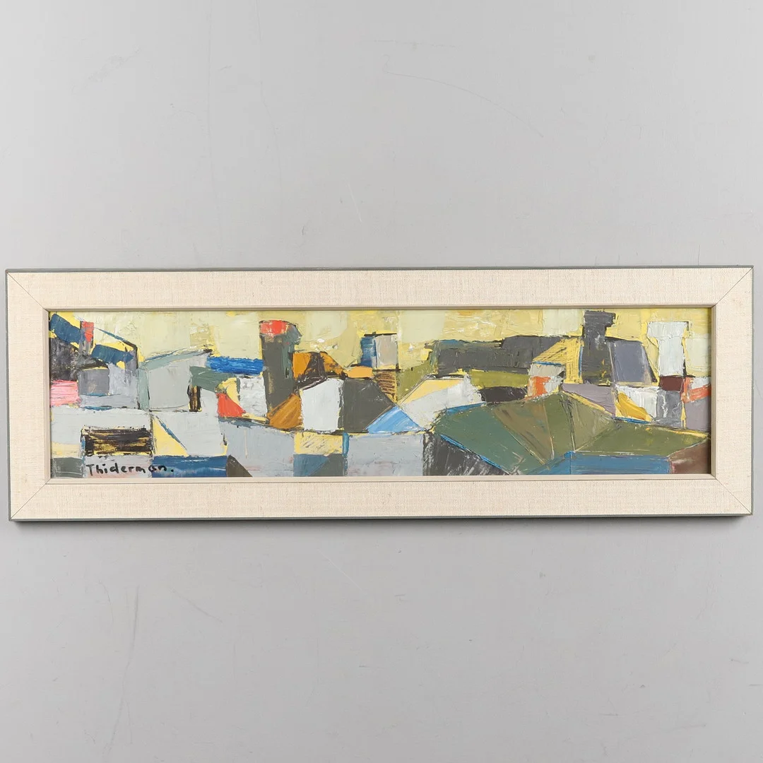 STIG THIDERMAN. OLJA PÅ PANNÅ, "Kubistiskt stadsmotiv", signerad. — Paintings — Örebro Stadsauktioner