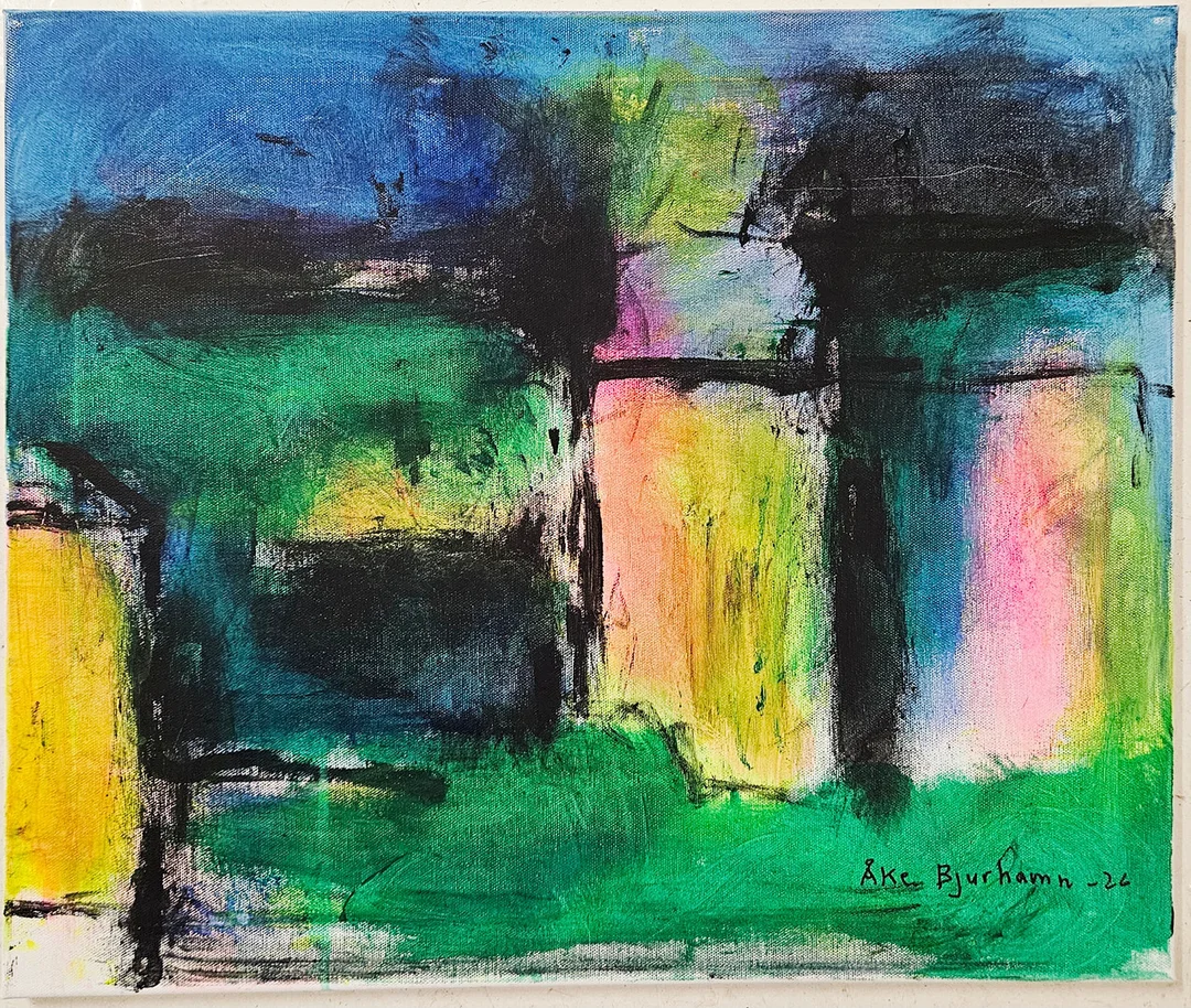 ÅKE BJURHAMN. "Landskap i sorbet". Akryl på duk. Signerad och daterad -26. — Paintings — Auktionshuset Thörner & Ek