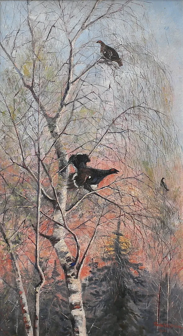 GÖSTA YDSTRÖM. Orrar i björk. Olja på duk, signerad och daterad 1906.