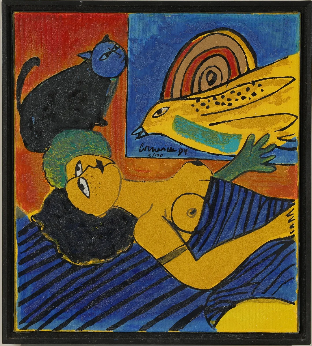 Corneille (Guillaume Cornelis van Beverloo, 1922-2010): Figural scenery with woman, cat and bird. Terragrafi, 2004 — Paintings and sculptures/Prints and photography — Lauritz