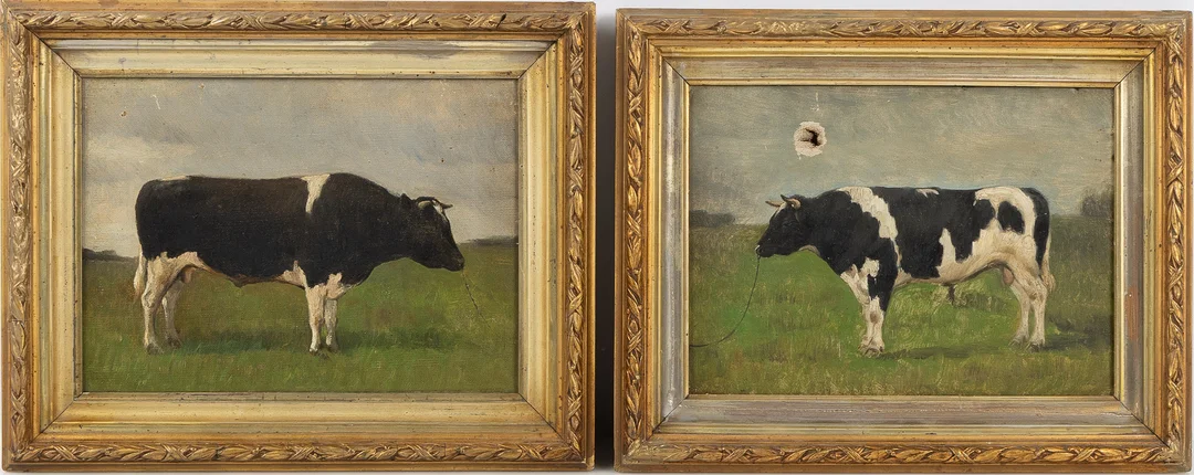 AXEL HJALMAR LINDQVIST (1843-1917). TILLSKRIVEN. Kossorna "Thor" samt "Profet", 2 stycken, oljor på duk. — Paintings — Stockholms Auktionsverk Helsingborg