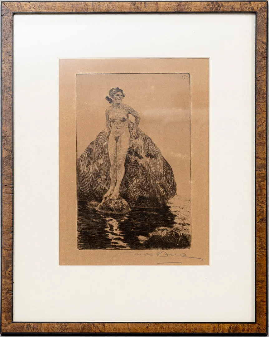 HELMER MASOLLE. Solbadande kvinna lutandes mot sten, etsning, signerad, daterad i trycket 1916. — Engravings & Prints — Auktionshuset Kolonn