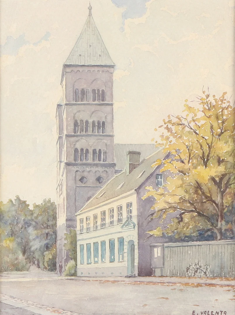 EDDIE VALENTA. Akvarell. Lundamotiv med domkyrkan. Signerad. — Paintings — Skånes Auktionsverk