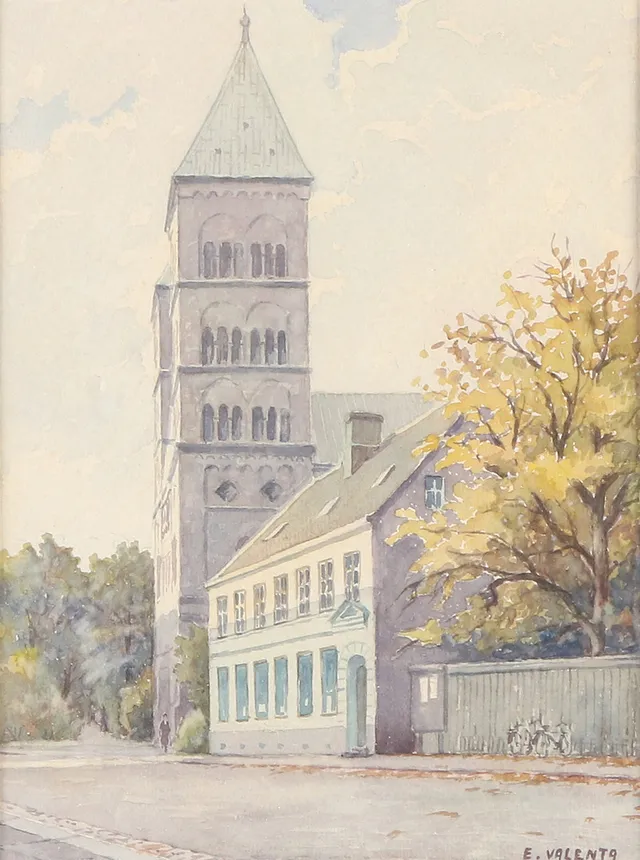 EDDIE VALENTA. Akvarell. Lundamotiv med domkyrkan. Signerad.