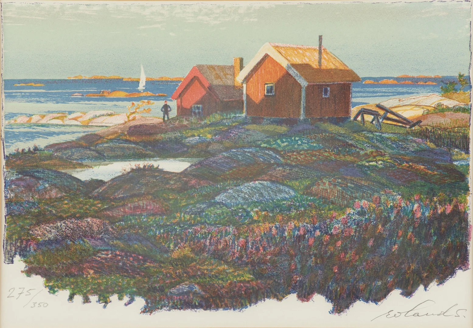 ROLAND SVENSSON (1910-2003): "Utskärsbodar från Fredals skärgård", signerad roland S, 275/350, färglitografi. — Engravings & Prints — Crafoord Auktioner Stockholm