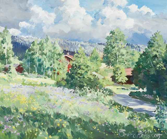 BRUNO KARLSSON. Sommarlandskap med röda stugor, signerad, olja på duk.