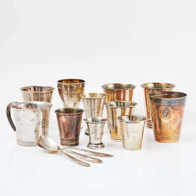 BÄGARE, SKEDAR 11+3 dlr, silver, enstaka del sterlingsilver, bl.a. Tore Kullander, CG Hallberg 1900-tal.