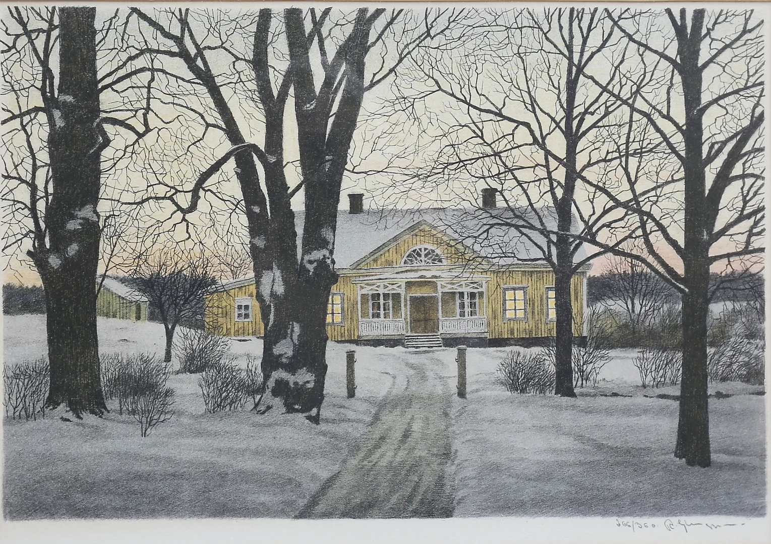REINHOLD LJUNGGREN. Hus i vintertid. Färglitografi, signerad och numrerad 266/360. — Engravings & Prints — Auktionshuset Thelin & Johansson