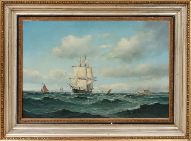 LUDVIG RICHARDE. Segelfartyg i Öresund och Kronborg slott. olja på duk, signerad och daterad 1883.