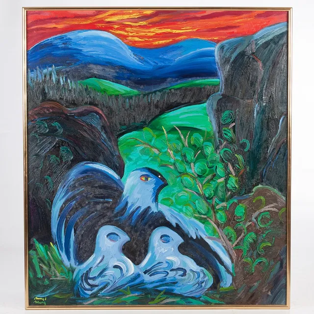 BENGT ÅBERG. "Fågelfamilj i kvällsljus" olja på duk 152 x 175 cm.