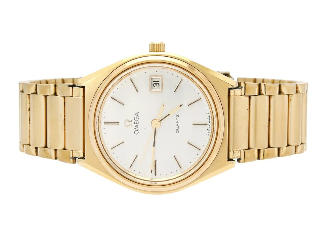 OMEGA, herrur, 35 mm, Cal 1370, Serie nr. 42676639, Ref nr. MD 196.0122, Boett nr. 196.0122 (LL), doublé (20 micron), quartz, plexiglas, datum, ca 1979, metallänk ej original. — Klockor/Omega — Kaplans