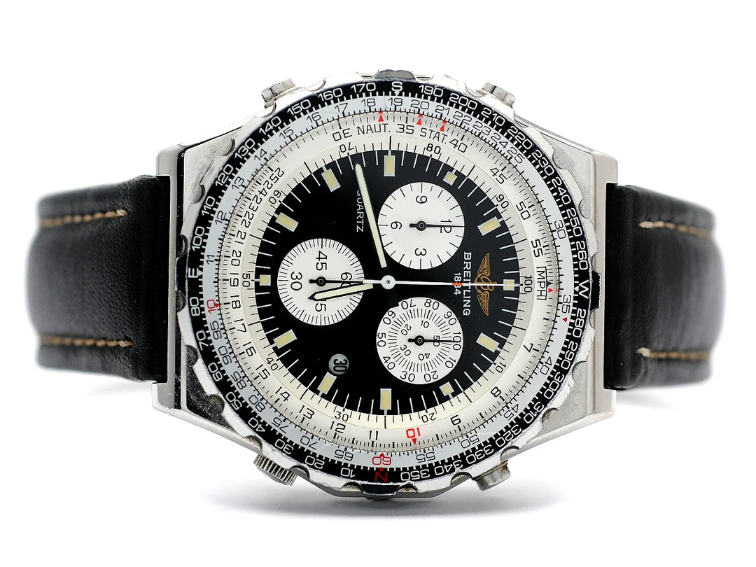BREITLING, Jupiter Pilot, Cal 59, Serie nr. 3044, Ref nr. A59028, kronograf, herrur, 41,5 mm, stål, quartz, mineralglas, datum, skadad urtavla, läderband, originalspänne, ca 1995, box (ej komplett). — Klockor/Breitling — Kaplans