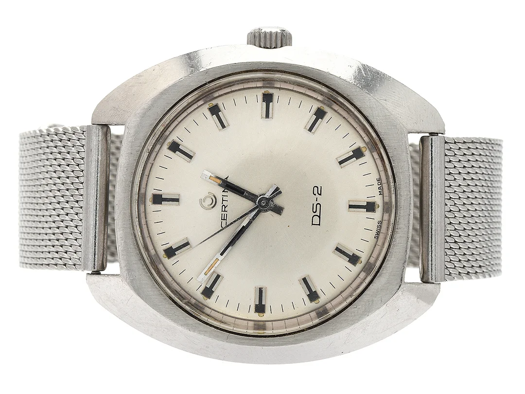 CERTINA, DS-2, Cal 25-66, Serie nr. 8102901, Boett nr. 5201.300, herrur, 38 x 43 mm, stål, manuell, plexiglas, skadad urtavla, ca 1970. — Klockor/Certina — Kaplans