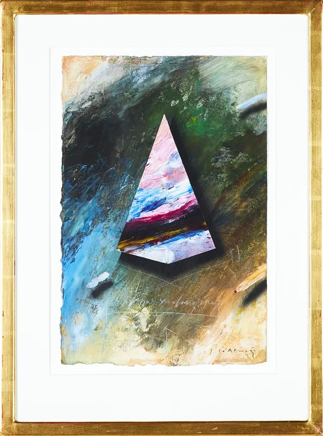JÖRGEN WARING. Abstrakt komposition med pyramid, blandteknik på papper, signerad.