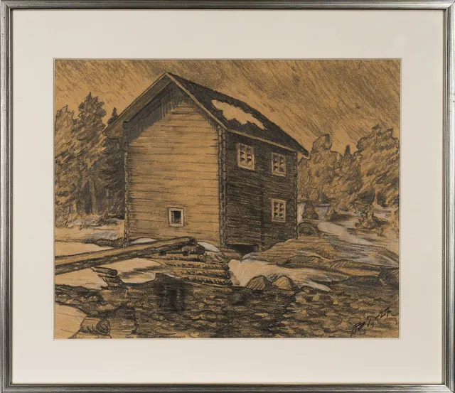 OIDENTIFIERAD KONSTNÄR. Blyerts på papper, Hus i landskap, Signerad och daterad 1927.