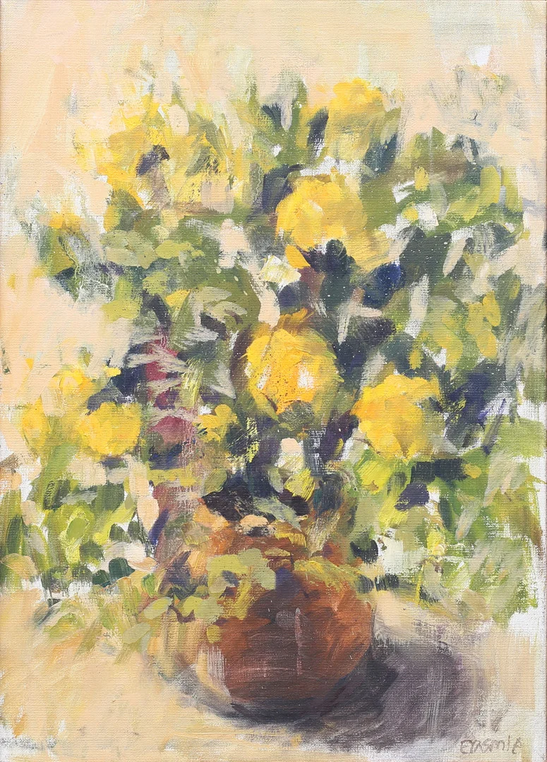 TORSTEN ERASMIE. "Stilleben med gula rosor i lerkruka", olja på duk, signerad Erasmie. — Paintings — Garpenhus Auktioner