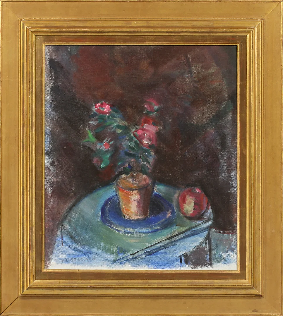 WILGOT OLSSON. Stilleben med blomkruka och frukt. Olja på duk, signerad. — Paintings — Göteborgs Auktionsverk