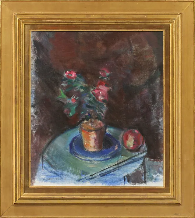 WILGOT OLSSON. Stilleben med blomkruka och frukt. Olja på duk, signerad.