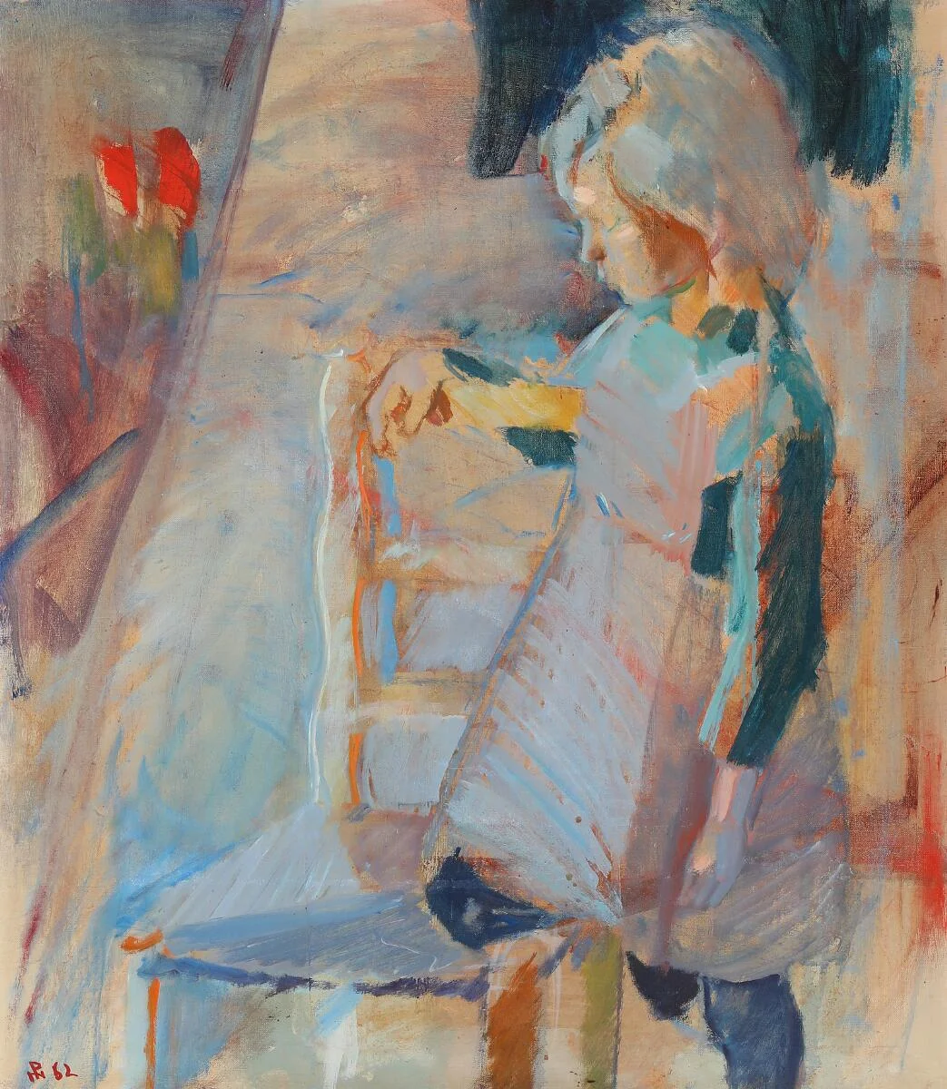 Interior with a girl by a chair. Signed monogram, 62. Oil on canvas. 81×70 cm. — Modern Paintings/Classical modernism — Bruun Rasmussen