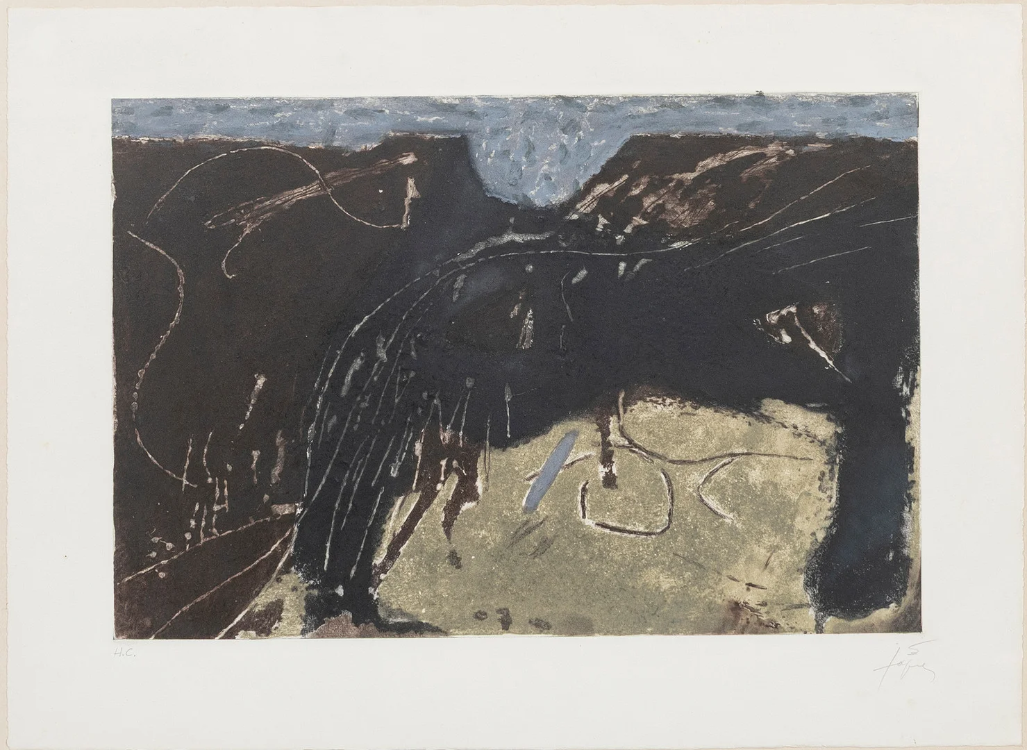 ANTONI TÀPIES (1923-2012). Komposition, färglitografi, ur serien "La clau del foc", från 1973, signerad i blyerts, Tàpies, Hors Commerce. — Engravings & Prints — Auktionshuset Kolonn
