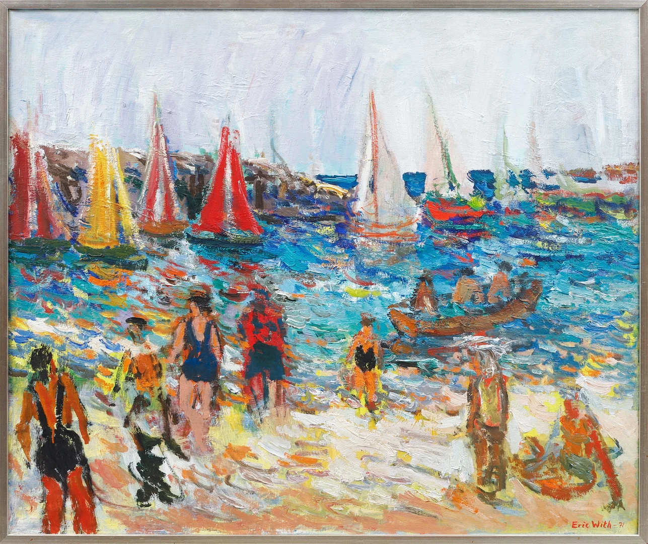 ERIC WITH. Strandbild med figurer och segelbåtar, olja på duk, signerad och daterad -71. — Paintings — Göteborgs Auktionsverk