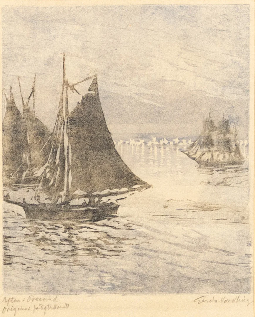 GERDA NORDLING. Färgträsnitt, "Afton i Öresund", signerad. — Engravings & Prints — Karljohan Auktioner