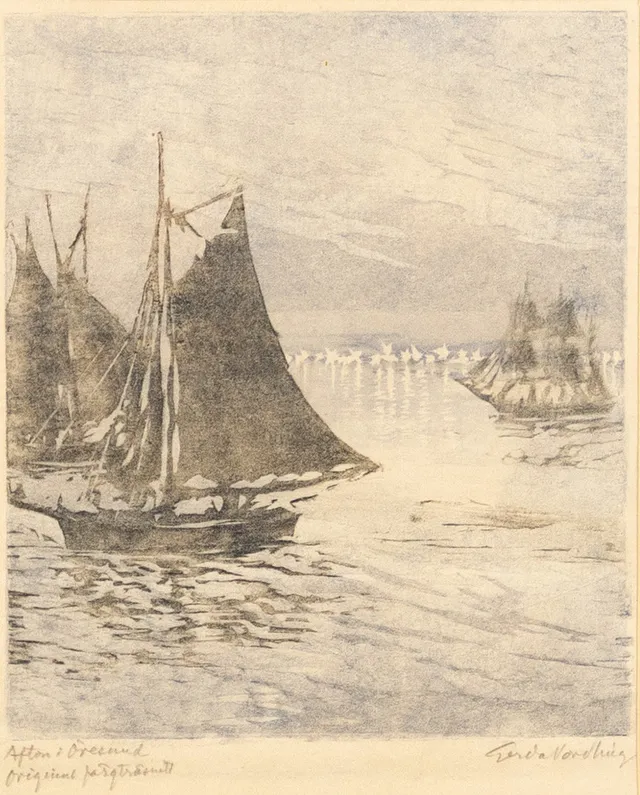 GERDA NORDLING. Färgträsnitt, "Afton i Öresund", signerad.