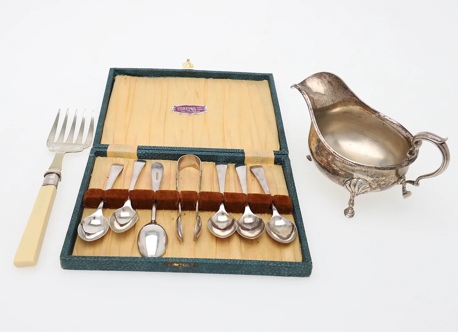 SILVER SAUCEBOAT, BIRMINGHM 1929, PLUS TEASPOONS AND TONGS. — Silver — Dreweatts Online