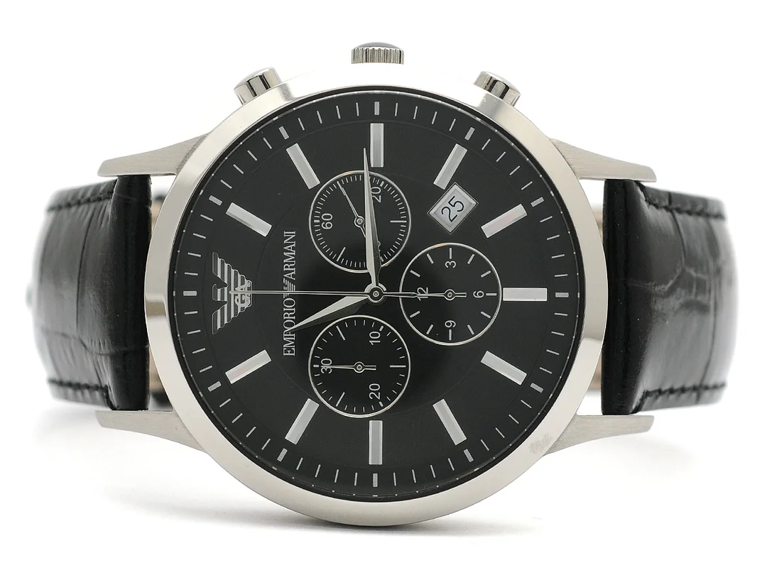 EMPORIO ARMANI, kronograf, herrur, 43 mm, Serie nr. 111112, Ref nr. AR 2447, stål, quartz, mineralglas, datum, läderband, originalspänne, cert, sept 2012, box. — Klockor/Emporio Armani — Kaplans