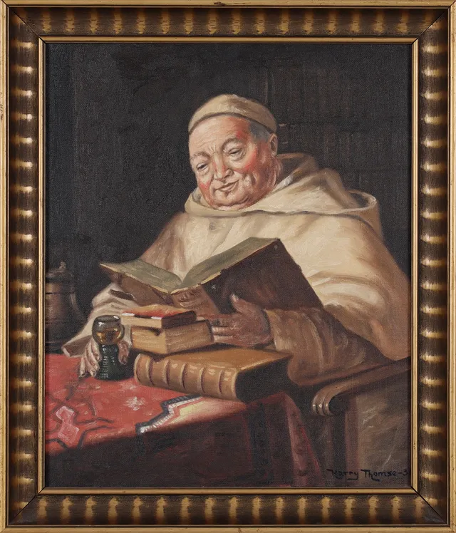 HARRY THOMSE. Läsande munk, olja på duk, signerad.