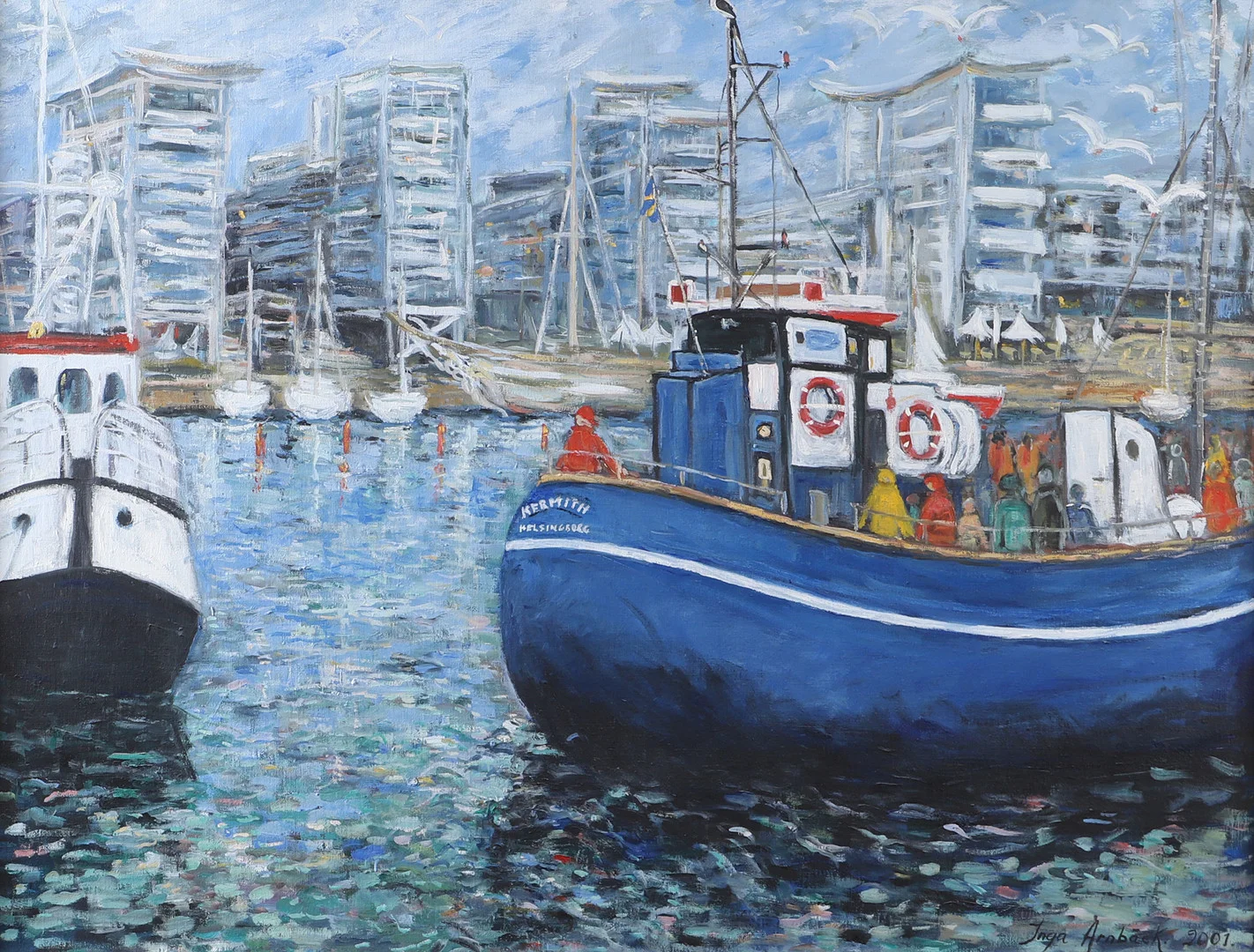 INGA ARNBÄCK. Norra hamnen med fiskebåtar, olja på duk, signerad-2001. — Paintings — Helsingborgs Auktionskammare