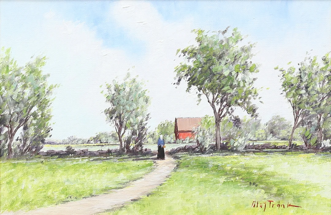 OLOF TRÄNK. "Väg över fält, Dyestad, Öland". Olja på duk, signerad. — Paintings — Auktionshuset Thelin & Johansson
