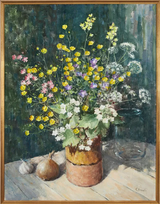 GUNNAR CLOVÉN. Stilleben med ängsblommor i krus, olja på duk, signerad.