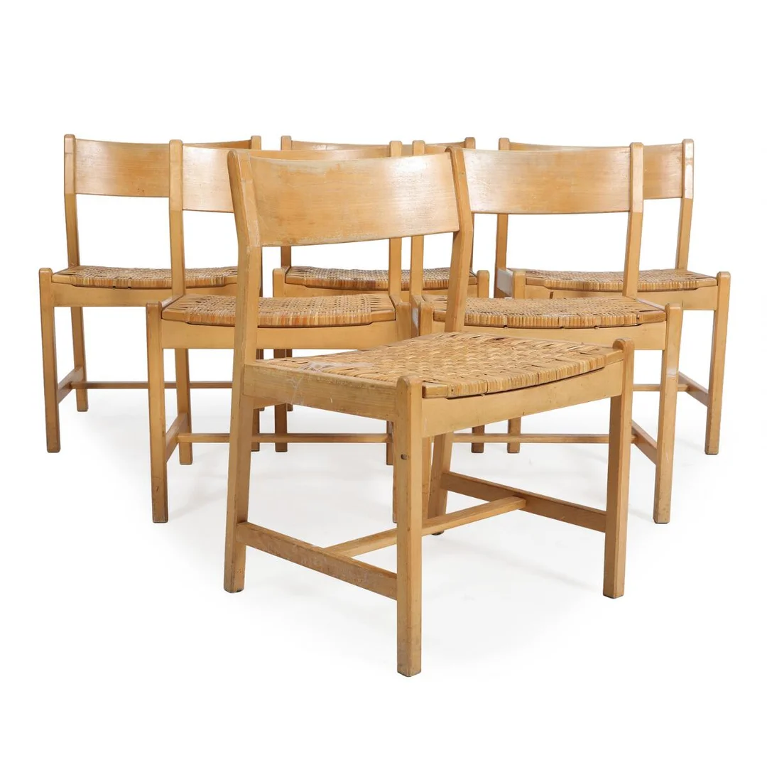 Six beech chairs, seats with woven cane. Model BM 2. Designed in 1965. Manufactured and marked by C.M. Madsen. (6) — Modern Furniture — Bruun Rasmussen