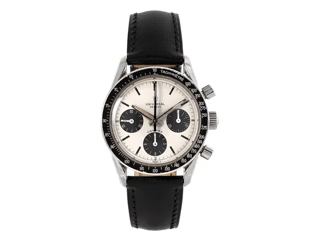 UNIVERSAL, Geneve, Compax, s.k. "Nina Rindt", "Tachymètre", Cal Valjoux 72 (TJ), Serie nr. 2´453´328, Boett nr. 885103/02 (HF), kronograf, armbandsur, 36 mm, stål, manuell, plexiglas (original), läderband, ca 1965.