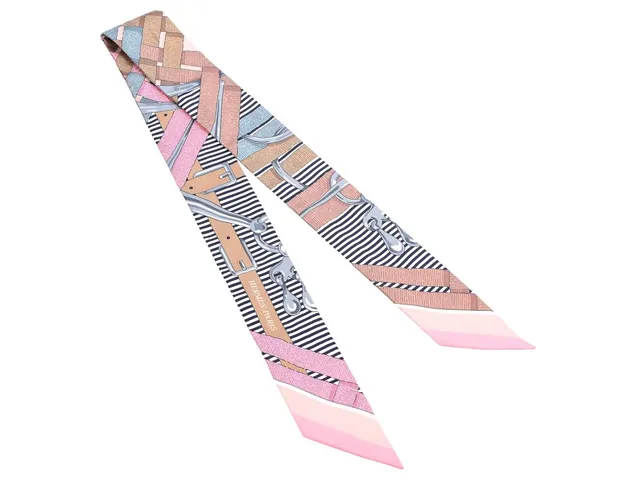 HERMÈS, SCARF, Twilly, 100% siden, 85x5 cm, rosa, svart, brun, grå, originalask. Excellent Condition.