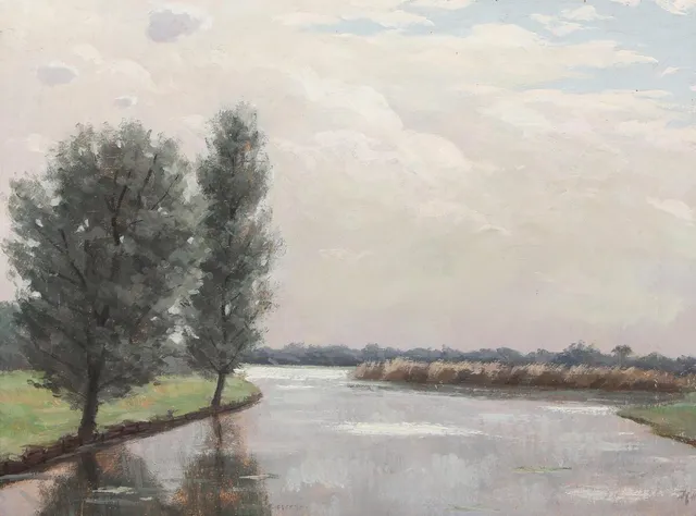 View towards a quiet lake. Signed H. Helme. Oil on canvas. 42×56 cm.