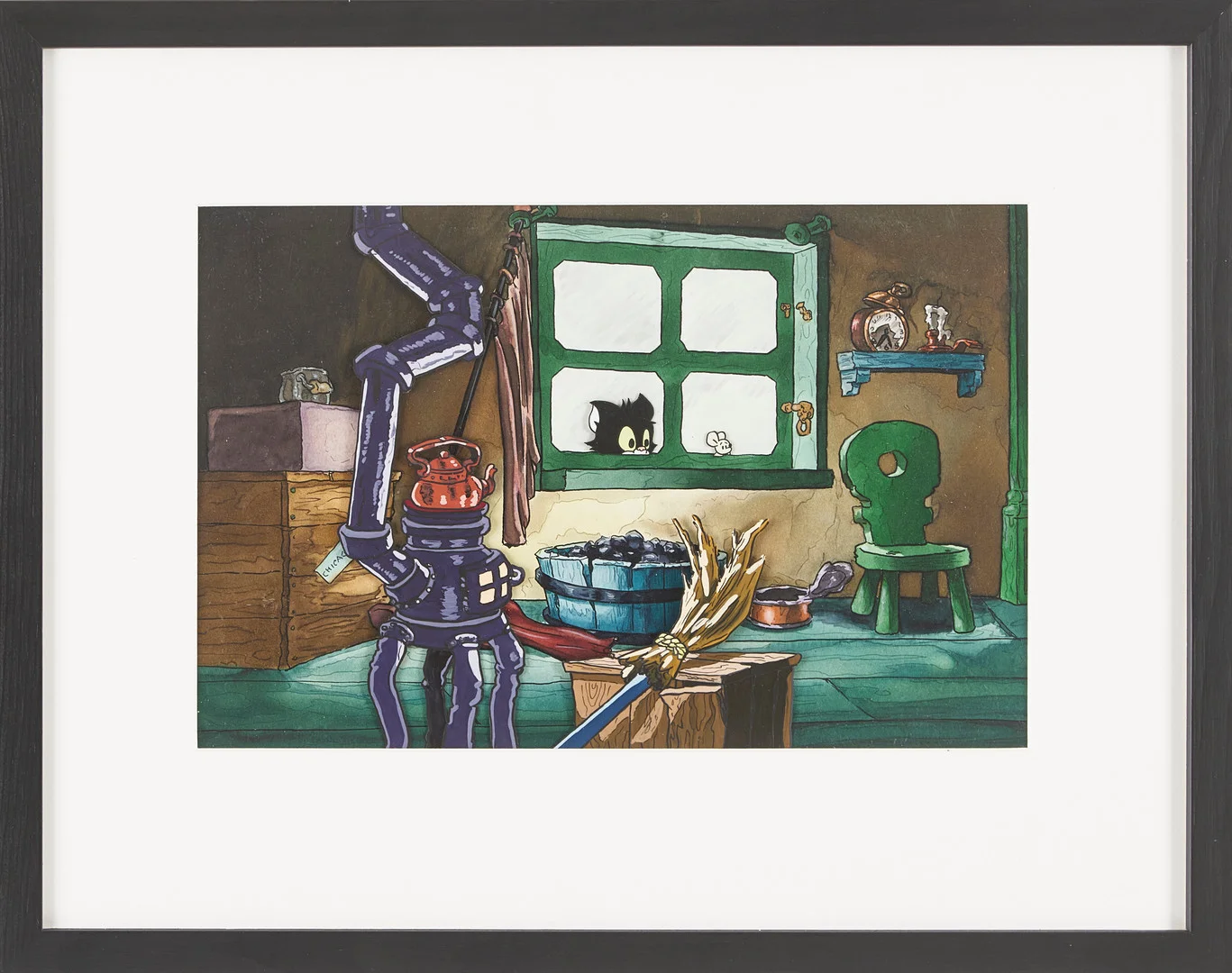 RUNE ANDRÉASSON. Bamse, handmålad filmcell ur "Bamse och den stora kapplöpningen", från 1981, scen 899:11, monterad på den handmålade originalbakgrunden. — Paintings — Stockholms Auktionsverk Magasin 5