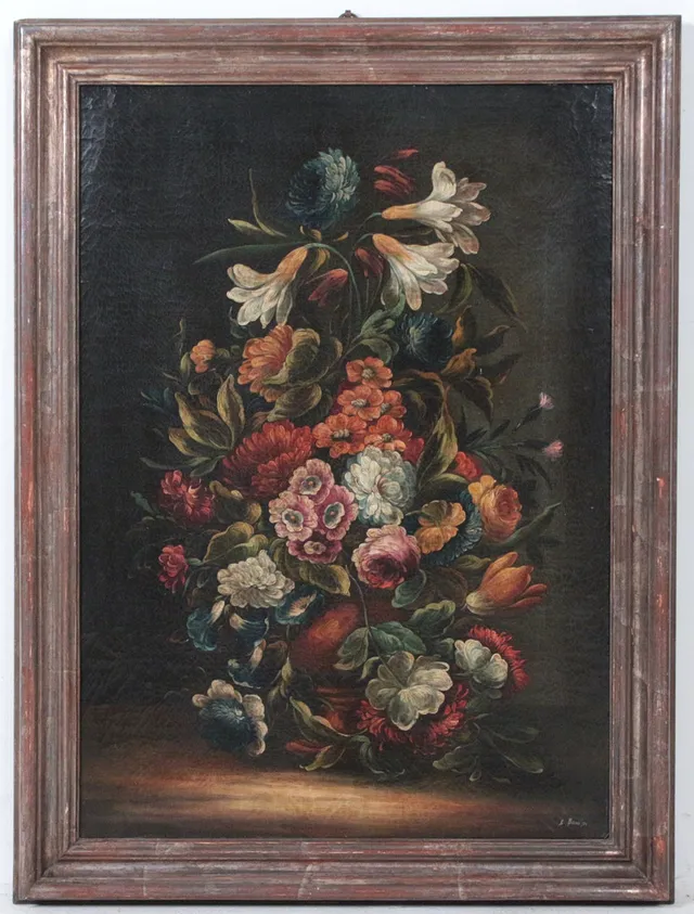 Unbekannter Künstler, Öl auf Leinwand, “Blumenstillleben”, 20. Jahrhundert.